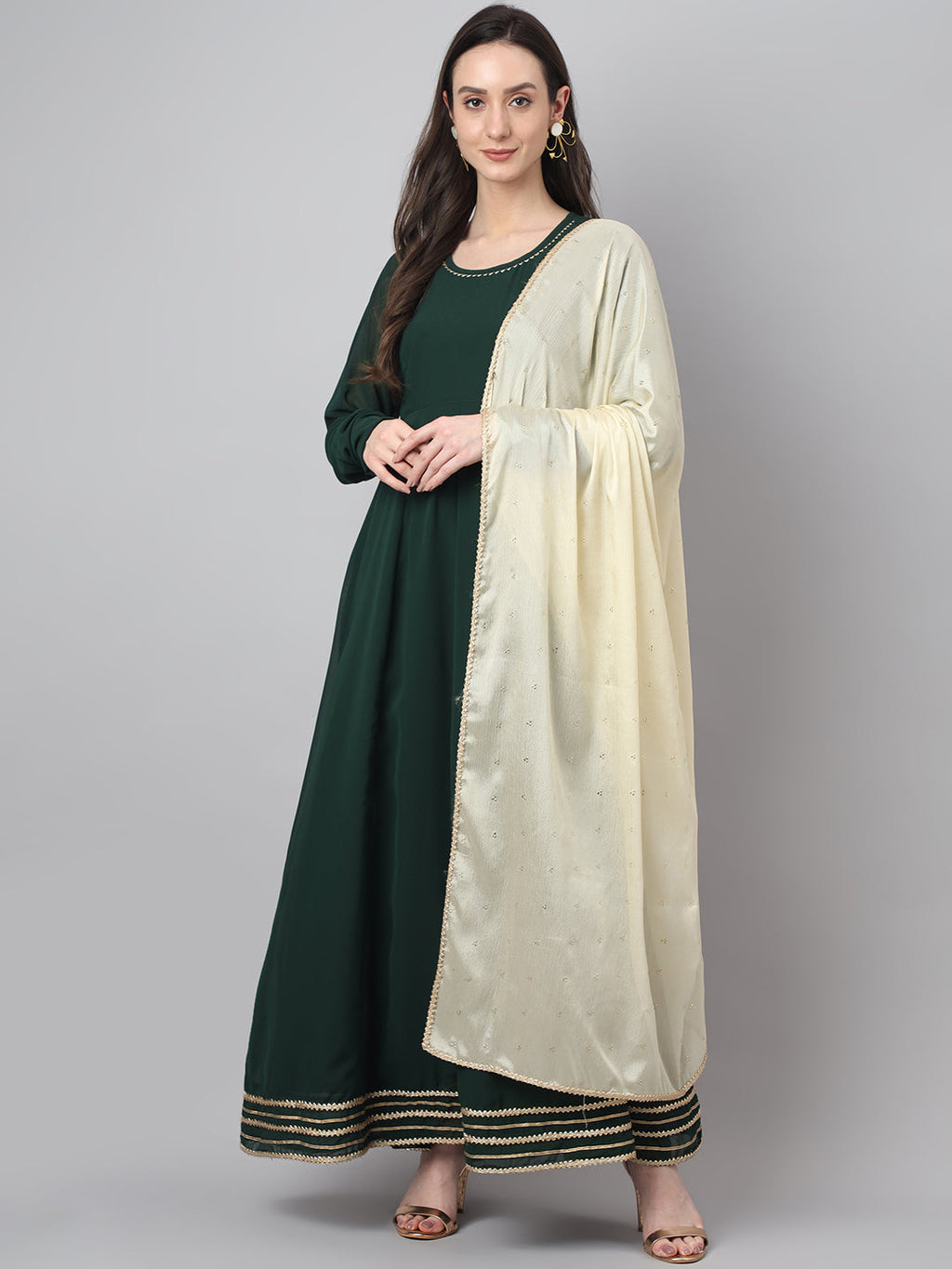 Janasya Women's Bottle Green Georgette Solid Anarkali Festive Kurta Set | Grocsy