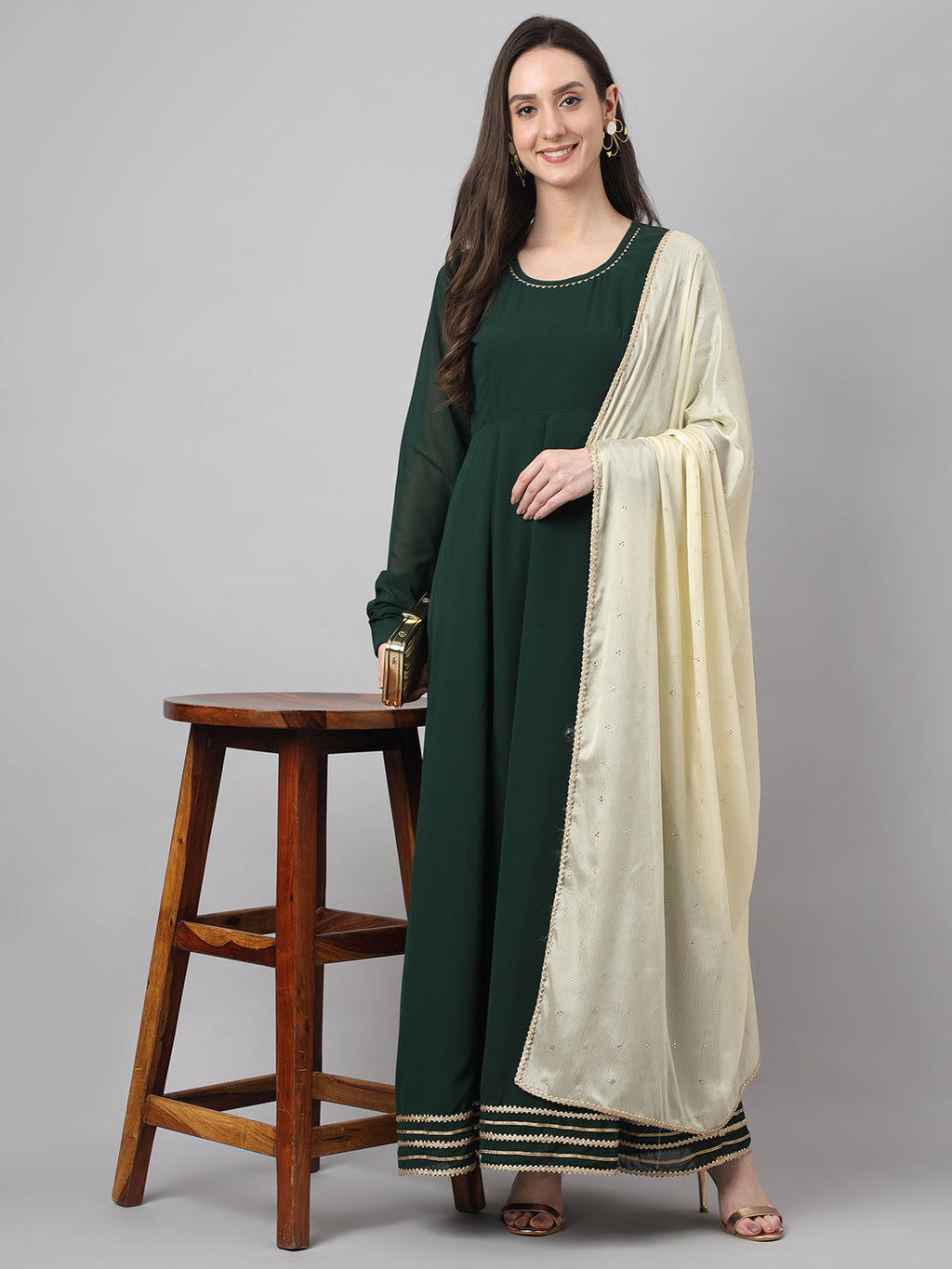 Janasya Women's Bottle Green Georgette Solid Anarkali Festive Kurta Set | Grocsy