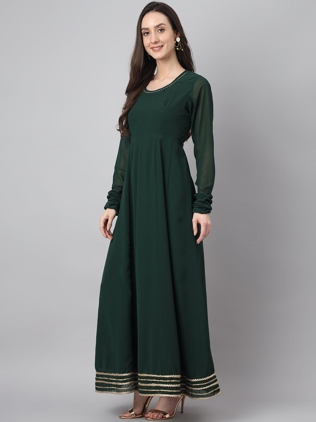 Janasya Women's Bottle Green Georgette Solid Anarkali Festive Kurta Set | Grocsy