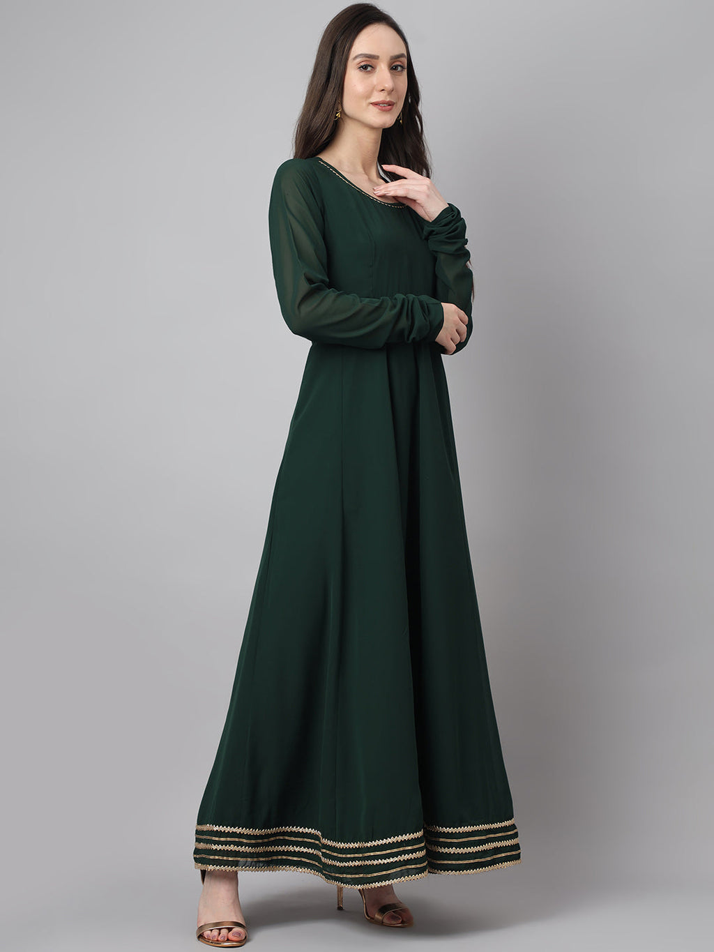 Janasya Women's Bottle Green Georgette Solid Anarkali Festive Kurta Set | Grocsy
