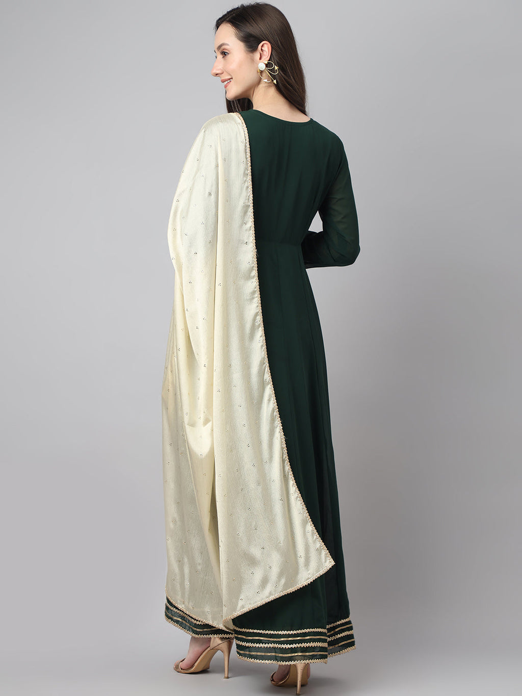 Janasya Women's Bottle Green Georgette Solid Anarkali Festive Kurta Set | Grocsy