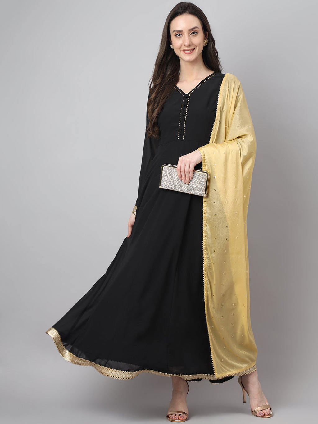 Janasya Women's Black Georgette Solid Anarkali Festive Kurta Set | Grocsy