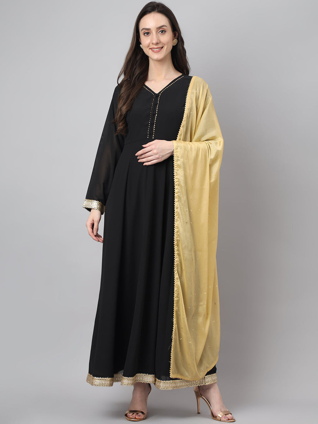 Janasya Women's Black Georgette Solid Anarkali Festive Kurta Set | Grocsy