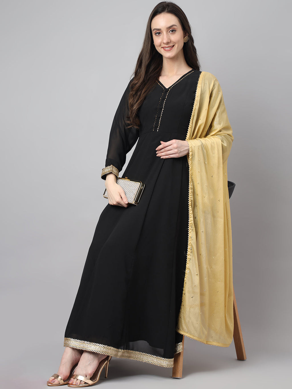 Janasya Women's Black Georgette Solid Anarkali Festive Kurta Set | Grocsy