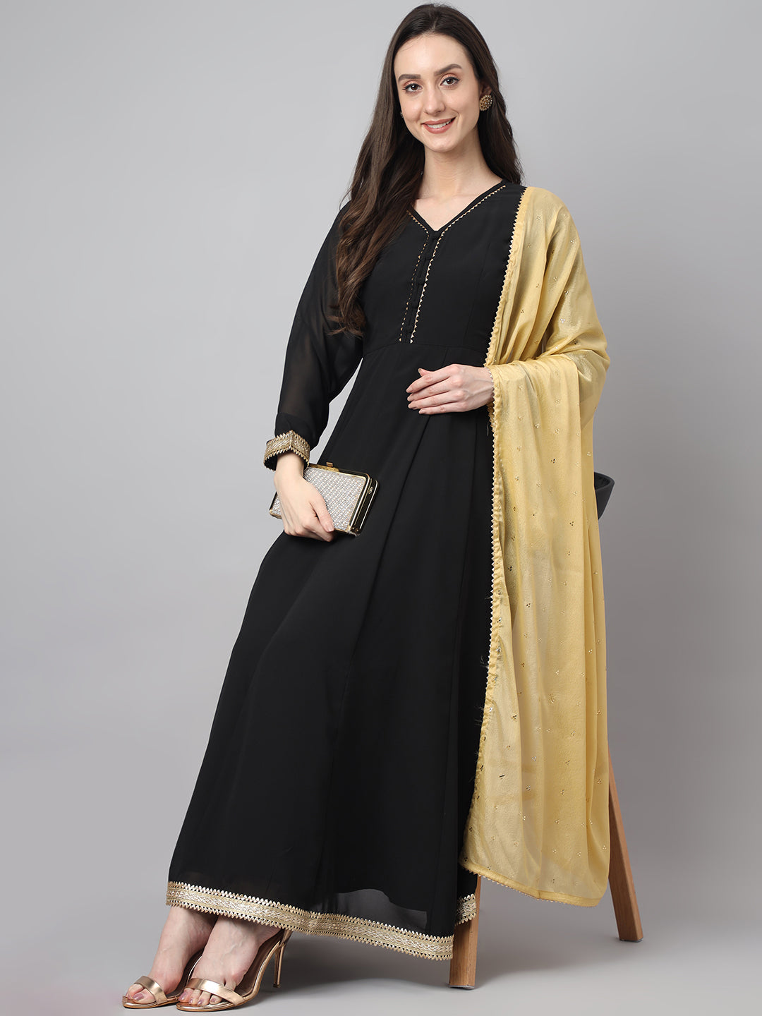 Janasya Women's Black Georgette Solid Anarkali Festive Kurta Set | Grocsy