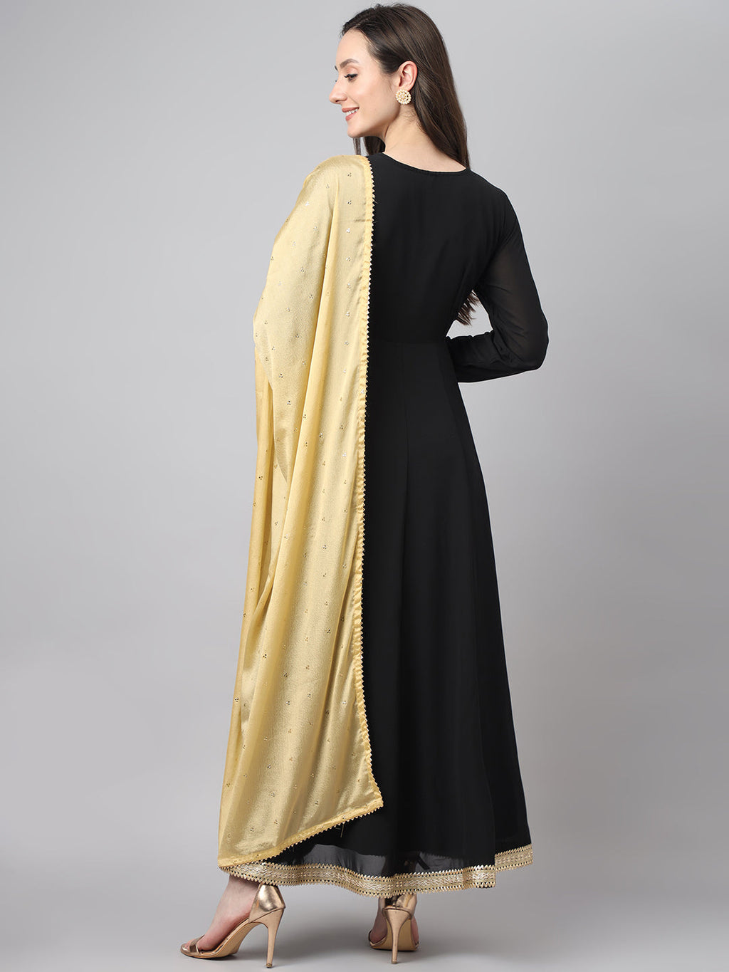 Janasya Women's Black Georgette Solid Anarkali Festive Kurta Set | Grocsy