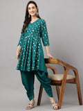 Janasya Women's Peacock Green Crepe Foil Printed Flared Party Kurta Set | Grocsy