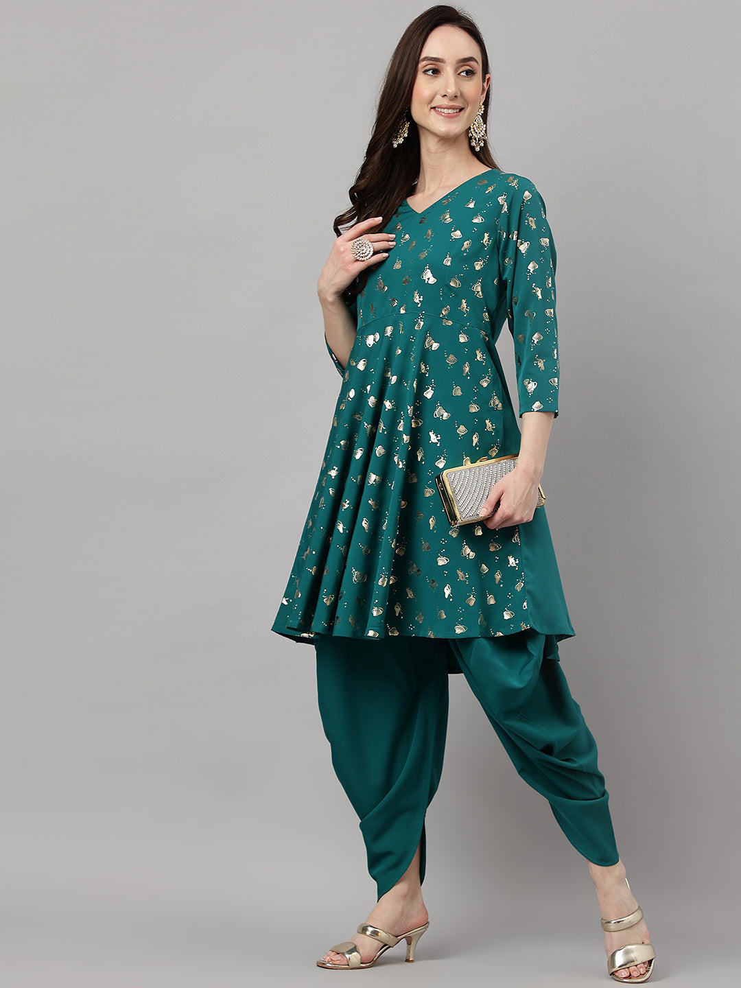 Janasya Women's Peacock Green Crepe Foil Printed Flared Party Kurta Set | Grocsy
