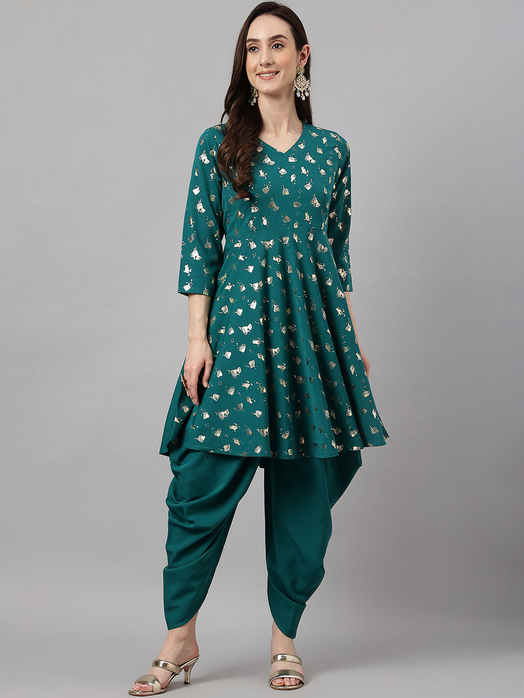 Janasya Women's Peacock Green Crepe Foil Printed Flared Party Kurta Set | Grocsy