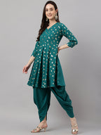 Janasya Women's Peacock Green Crepe Foil Printed Flared Party Kurta Set | Grocsy
