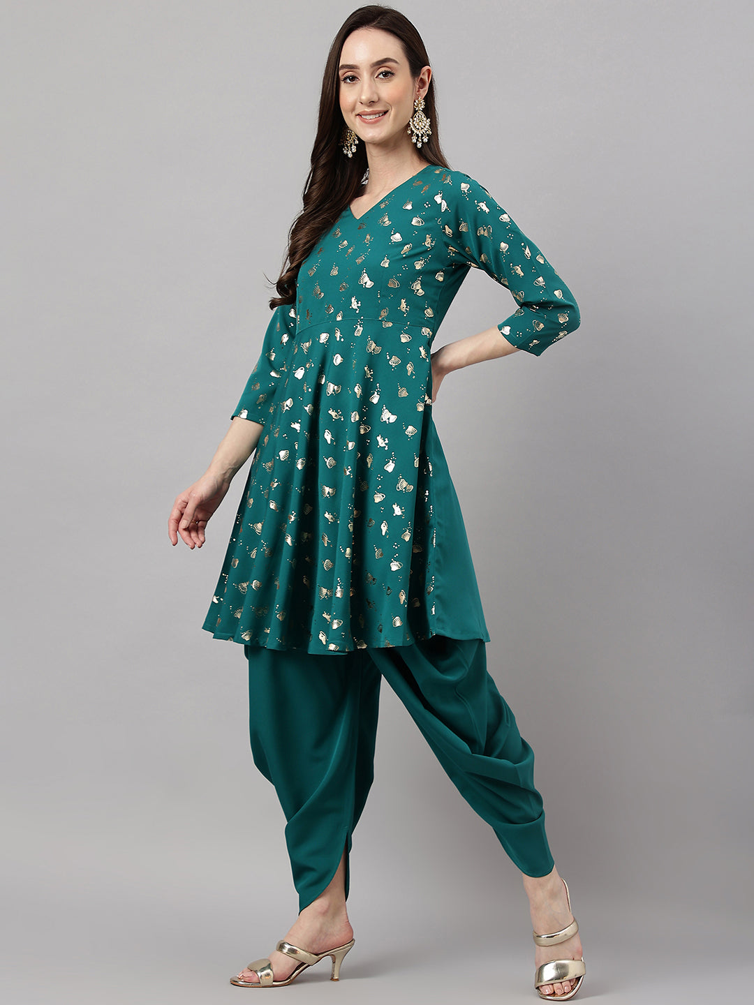 Janasya Women's Peacock Green Crepe Foil Printed Flared Party Kurta Set | Grocsy