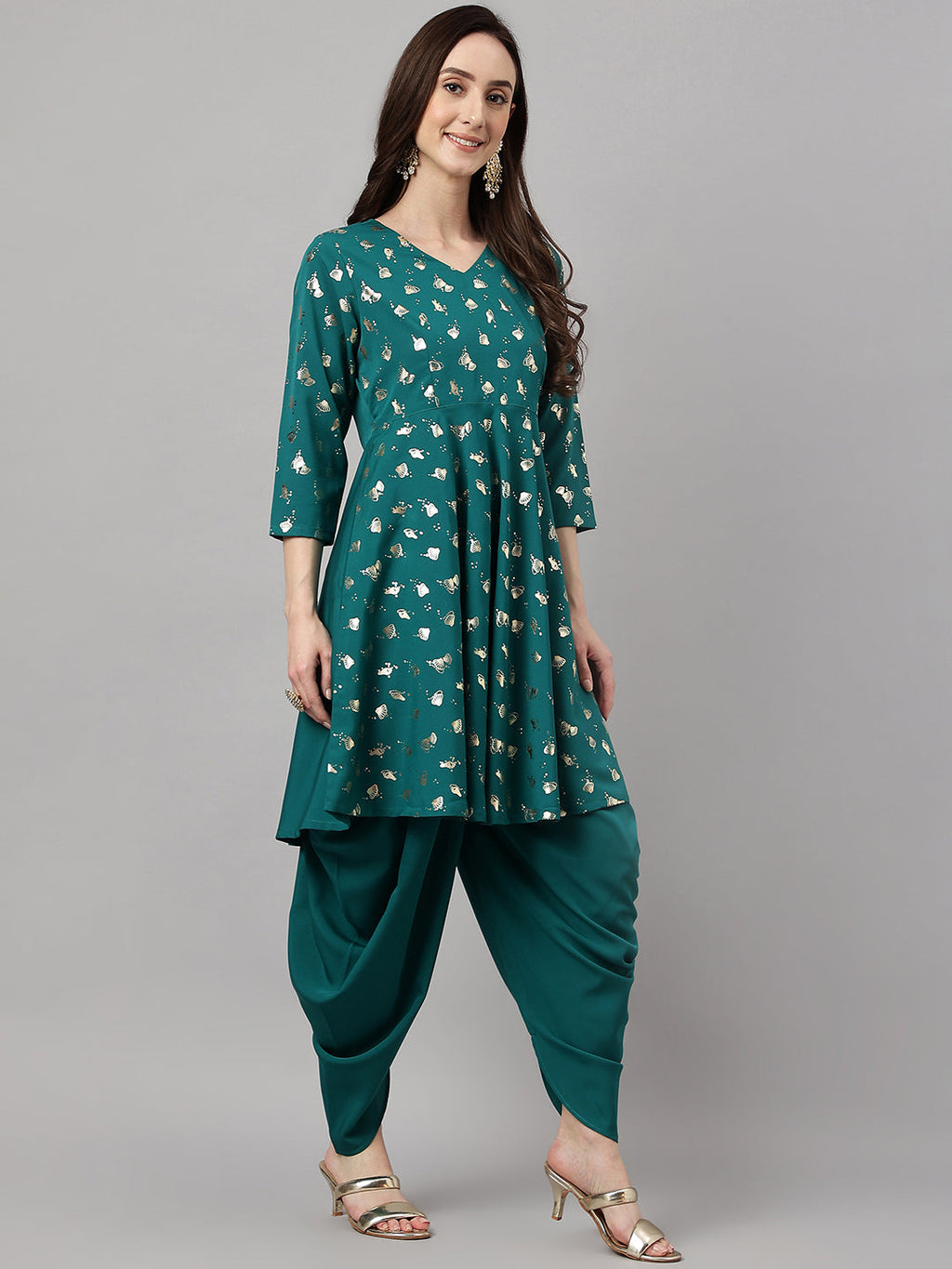 Janasya Women's Peacock Green Crepe Foil Printed Flared Party Kurta Set | Grocsy