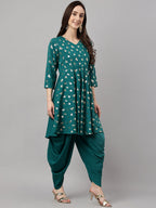 Janasya Women's Peacock Green Crepe Foil Printed Flared Party Kurta Set | Grocsy