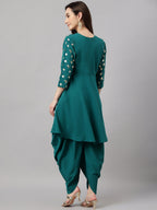 Janasya Women's Peacock Green Crepe Foil Printed Flared Party Kurta Set | Grocsy