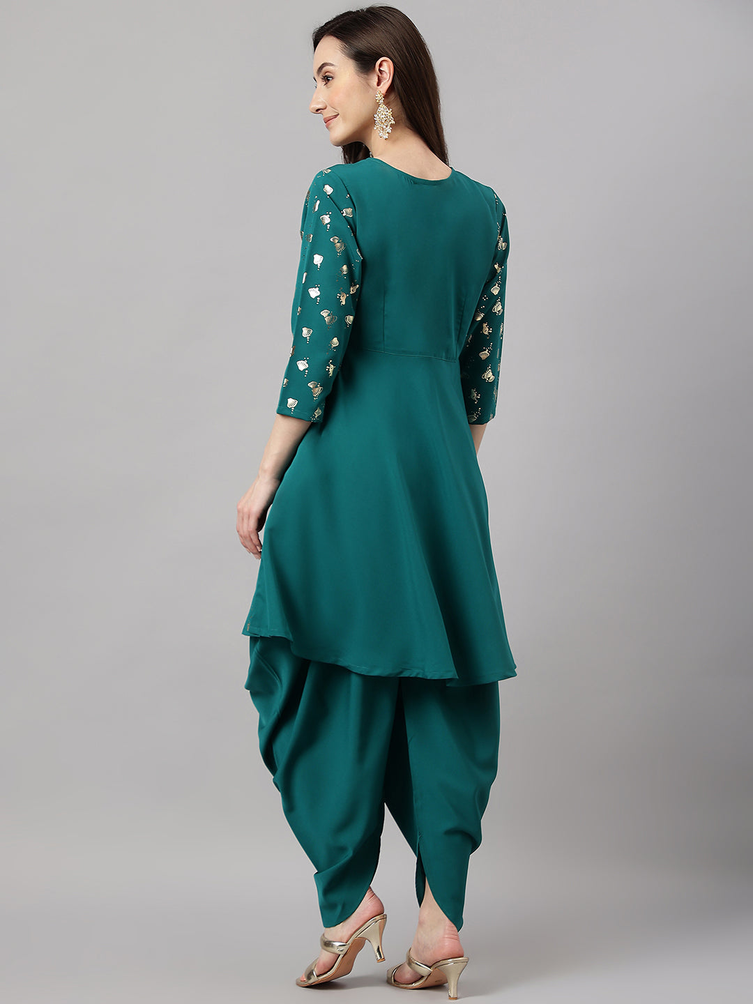 Janasya Women's Peacock Green Crepe Foil Printed Flared Party Kurta Set | Grocsy
