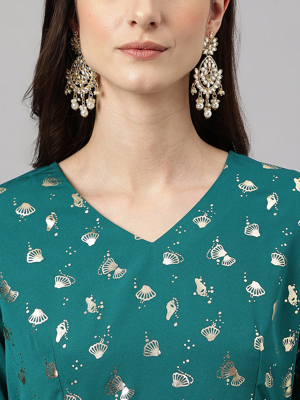 Janasya Women's Peacock Green Crepe Foil Printed Flared Party Kurta Set | Grocsy