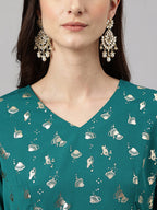 Janasya Women's Peacock Green Crepe Foil Printed Flared Party Kurta Set | Grocsy