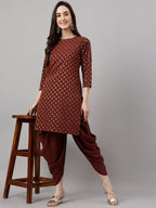 Janasya Women's Brown Crepe Foil Printed Straight Festive Kurta Set | Grocsy