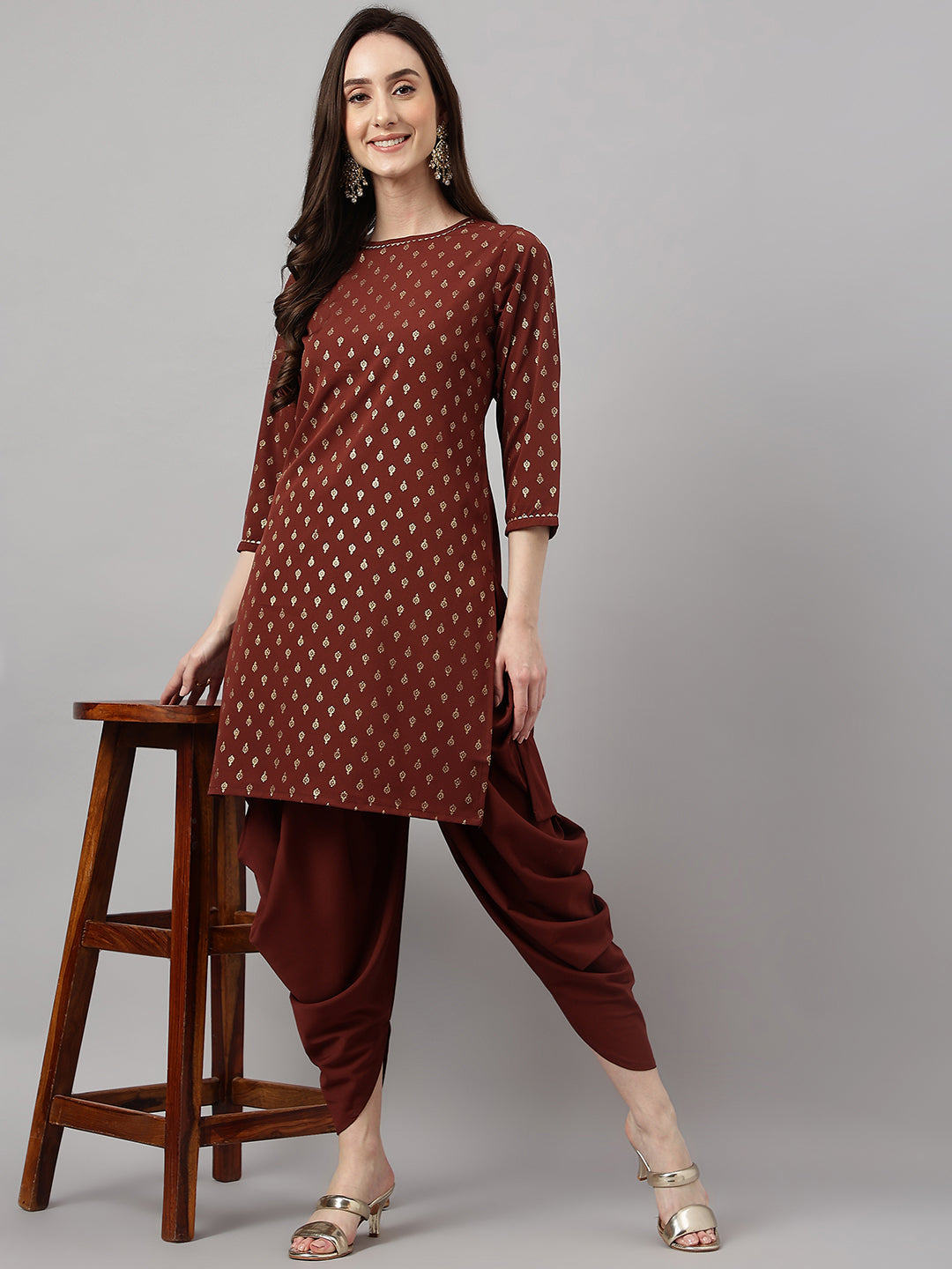 Janasya Women's Brown Crepe Foil Printed Straight Festive Kurta Set | Grocsy