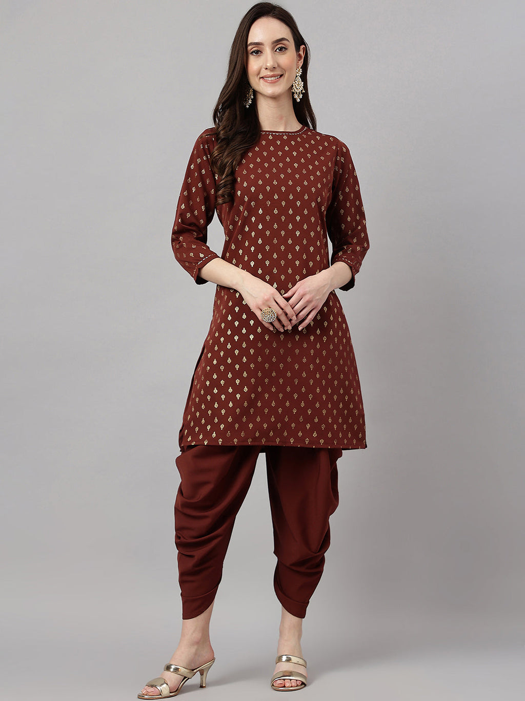 Janasya Women's Brown Crepe Foil Printed Straight Festive Kurta Set | Grocsy