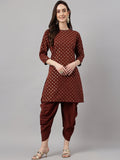 Janasya Women's Brown Crepe Foil Printed Straight Festive Kurta Set | Grocsy