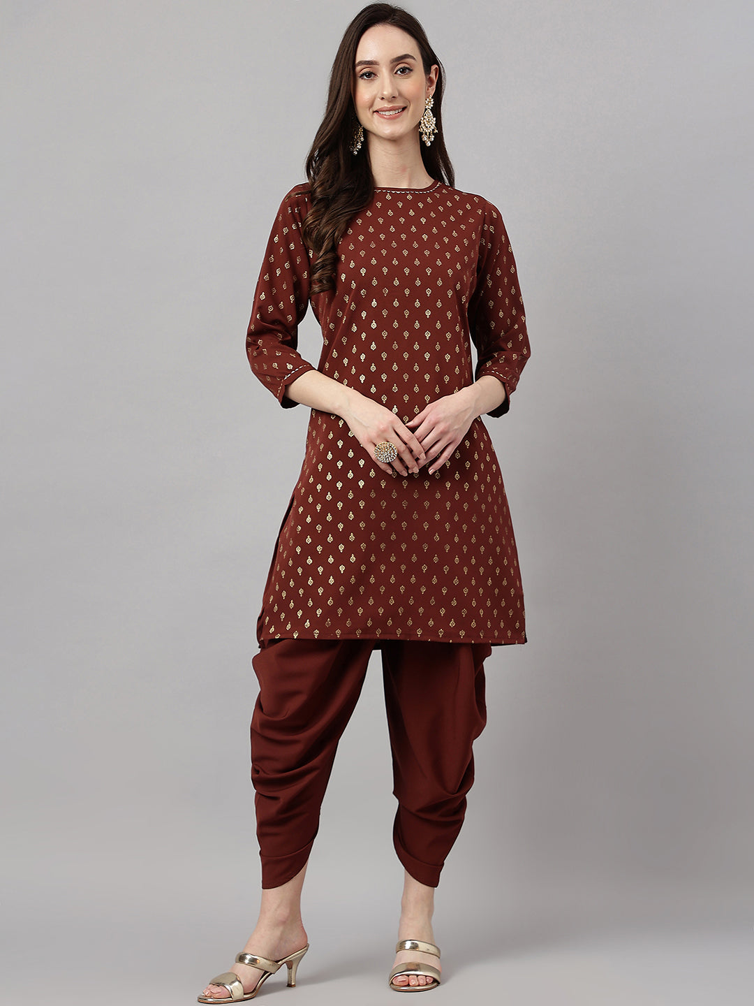 Janasya Women's Brown Crepe Foil Printed Straight Festive Kurta Set | Grocsy
