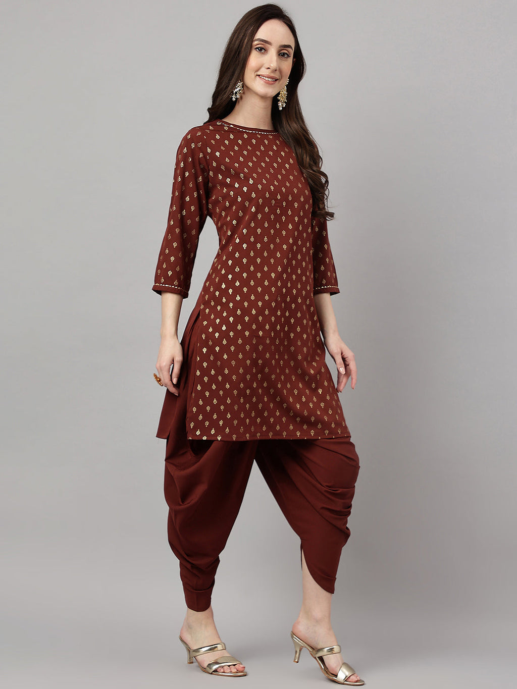 Janasya Women's Brown Crepe Foil Printed Straight Festive Kurta Set | Grocsy