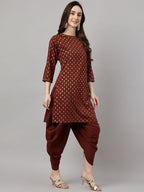 Janasya Women's Brown Crepe Foil Printed Straight Festive Kurta Set | Grocsy