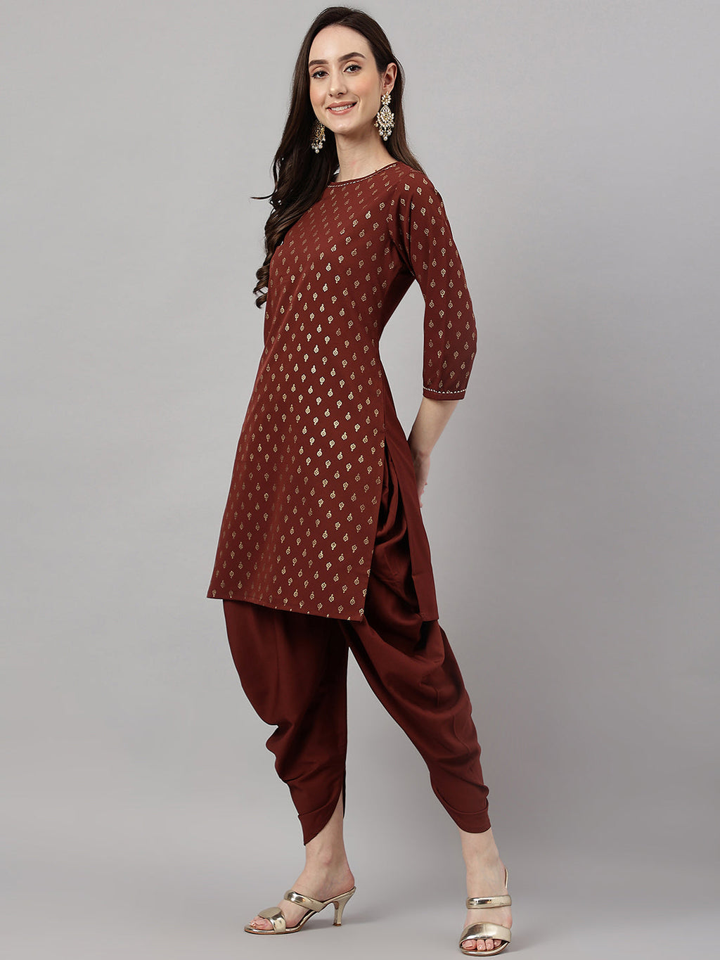 Janasya Women's Brown Crepe Foil Printed Straight Festive Kurta Set | Grocsy