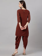 Janasya Women's Brown Crepe Foil Printed Straight Festive Kurta Set | Grocsy