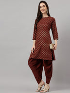 Janasya Women's Brown Crepe Foil Printed Straight Festive Kurta Set | Grocsy