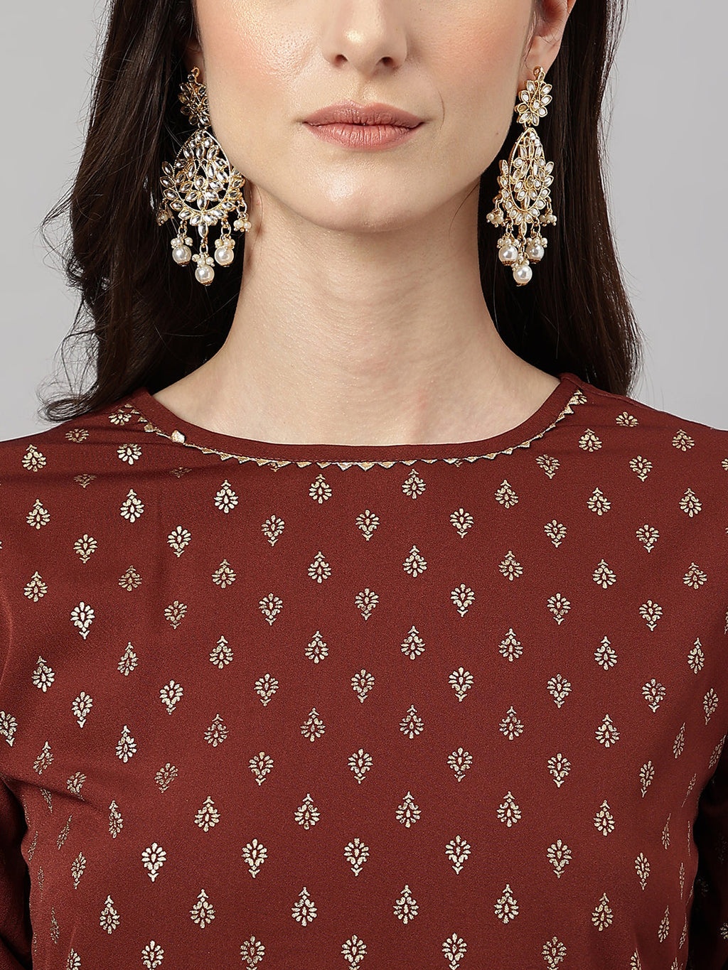 Janasya Women's Brown Crepe Foil Printed Straight Festive Kurta Set | Grocsy