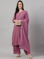 Janasya Women's Purple Georgette Foil Printed Straight Festive Kurta Set | Grocsy