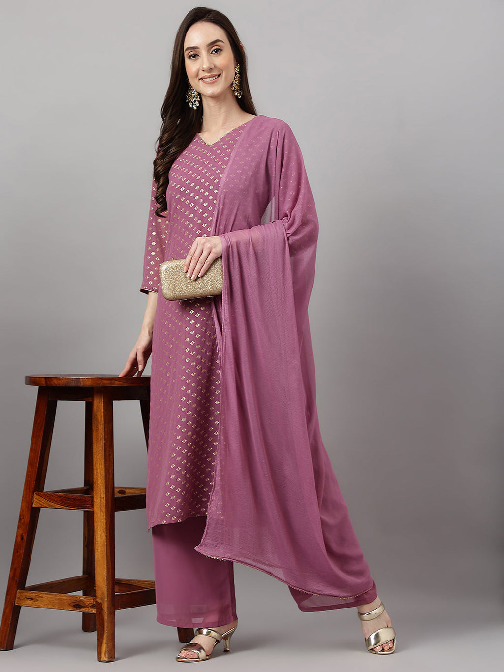 Janasya Women's Purple Georgette Foil Printed Straight Festive Kurta Set | Grocsy