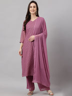 Janasya Women's Purple Georgette Foil Printed Straight Festive Kurta Set | Grocsy