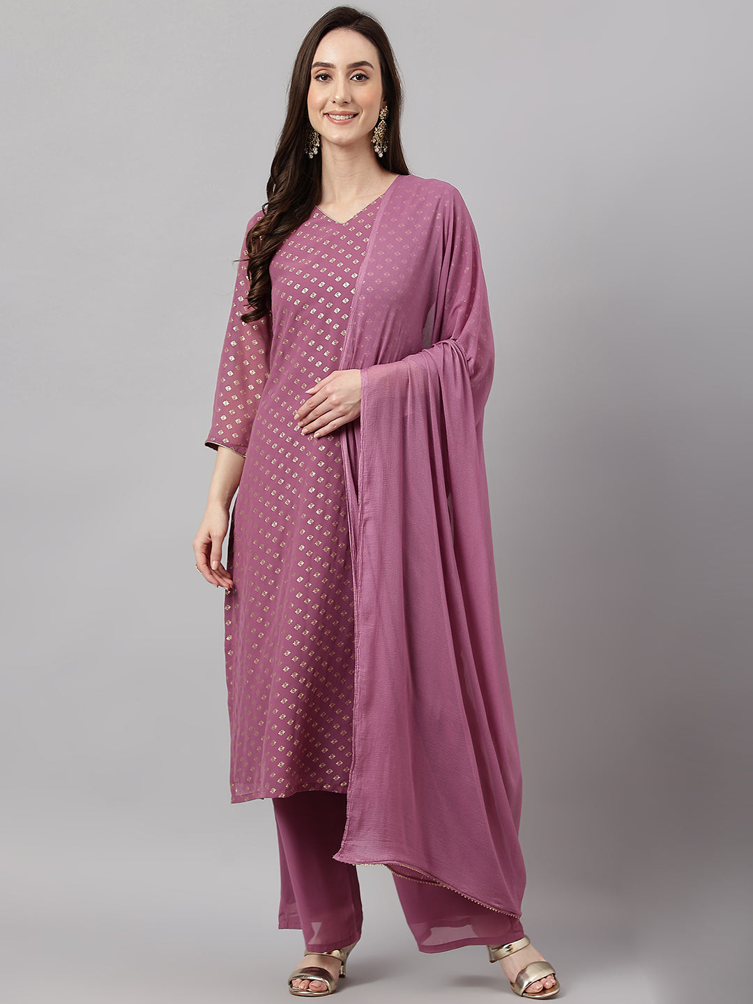 Janasya Women's Purple Georgette Foil Printed Straight Festive Kurta Set | Grocsy