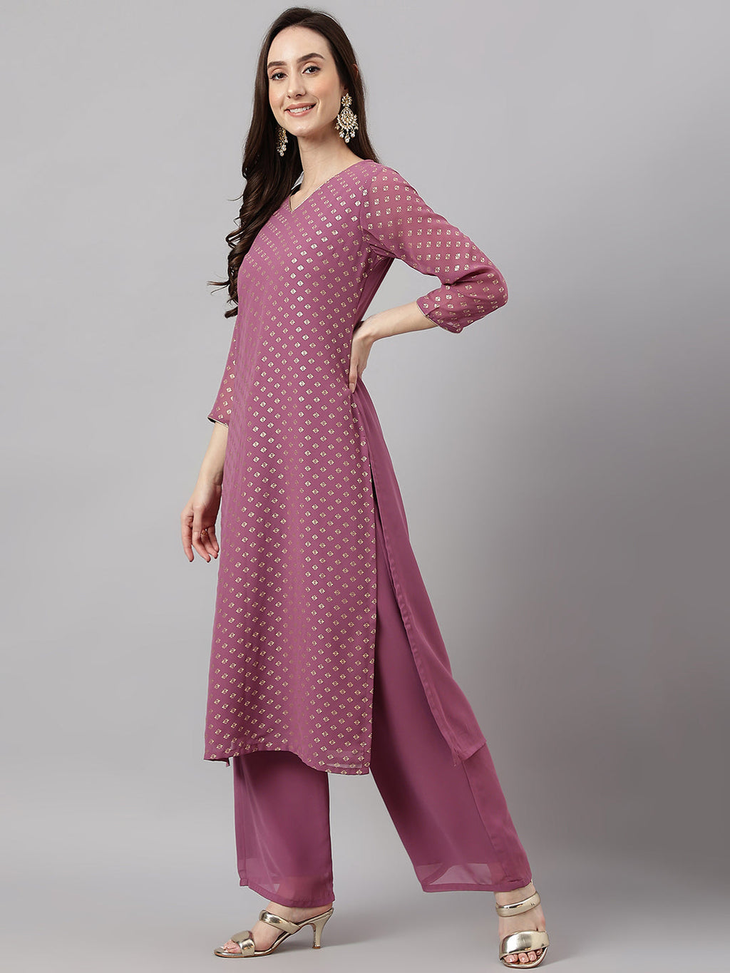 Janasya Women's Purple Georgette Foil Printed Straight Festive Kurta Set | Grocsy