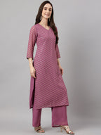 Janasya Women's Purple Georgette Foil Printed Straight Festive Kurta Set | Grocsy