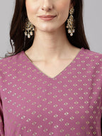 Janasya Women's Purple Georgette Foil Printed Straight Festive Kurta Set | Grocsy