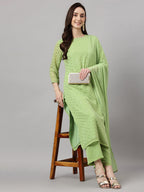 Janasya Women's Green Georgette Foil Printed Straight Festive Kurta Set | Grocsy