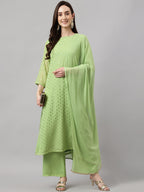 Janasya Women's Green Georgette Foil Printed Straight Festive Kurta Set | Grocsy
