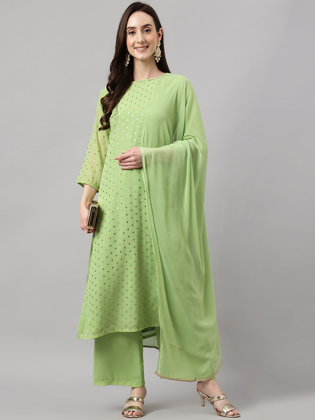 Janasya Women's Green Georgette Foil Printed Straight Festive Kurta Set | Grocsy