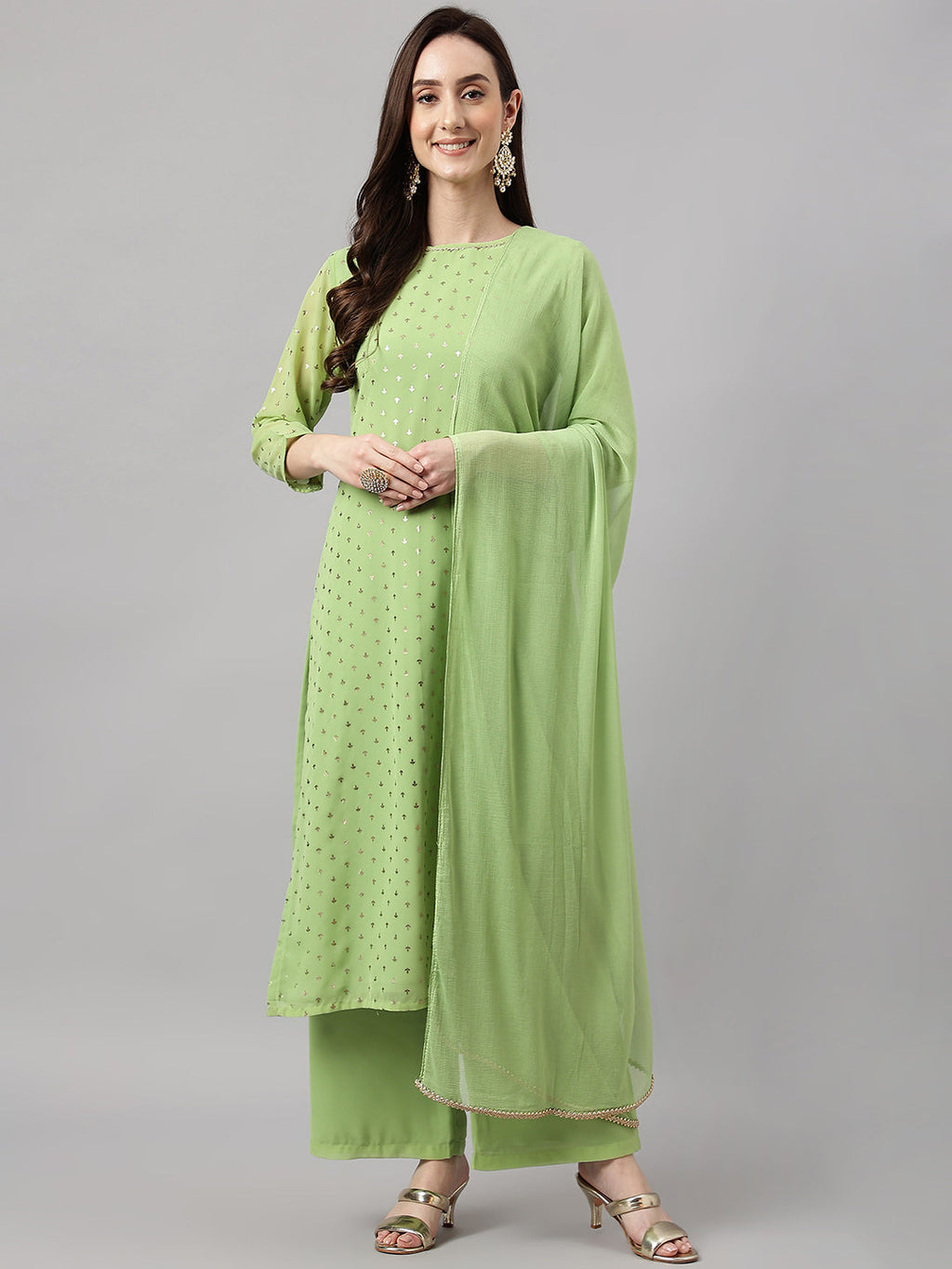 Janasya Women's Green Georgette Foil Printed Straight Festive Kurta Set | Grocsy