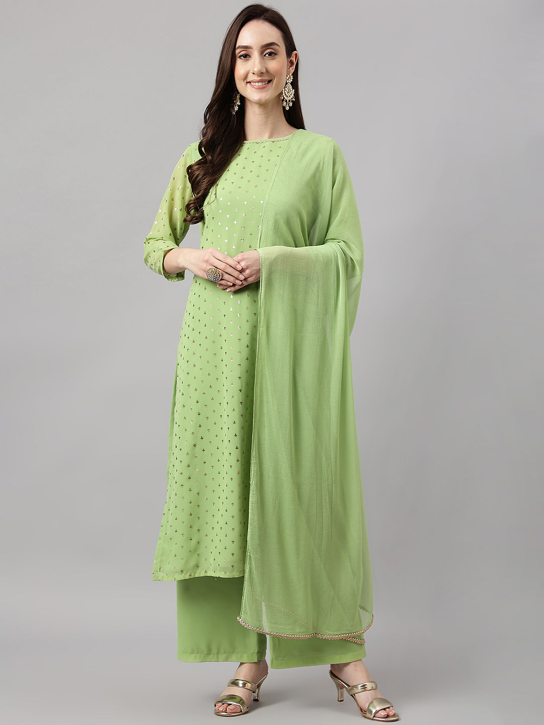 Janasya Women's Green Georgette Foil Printed Straight Festive Kurta Set | Grocsy