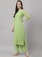 Janasya Women's Green Georgette Foil Printed Straight Festive Kurta Set | Grocsy