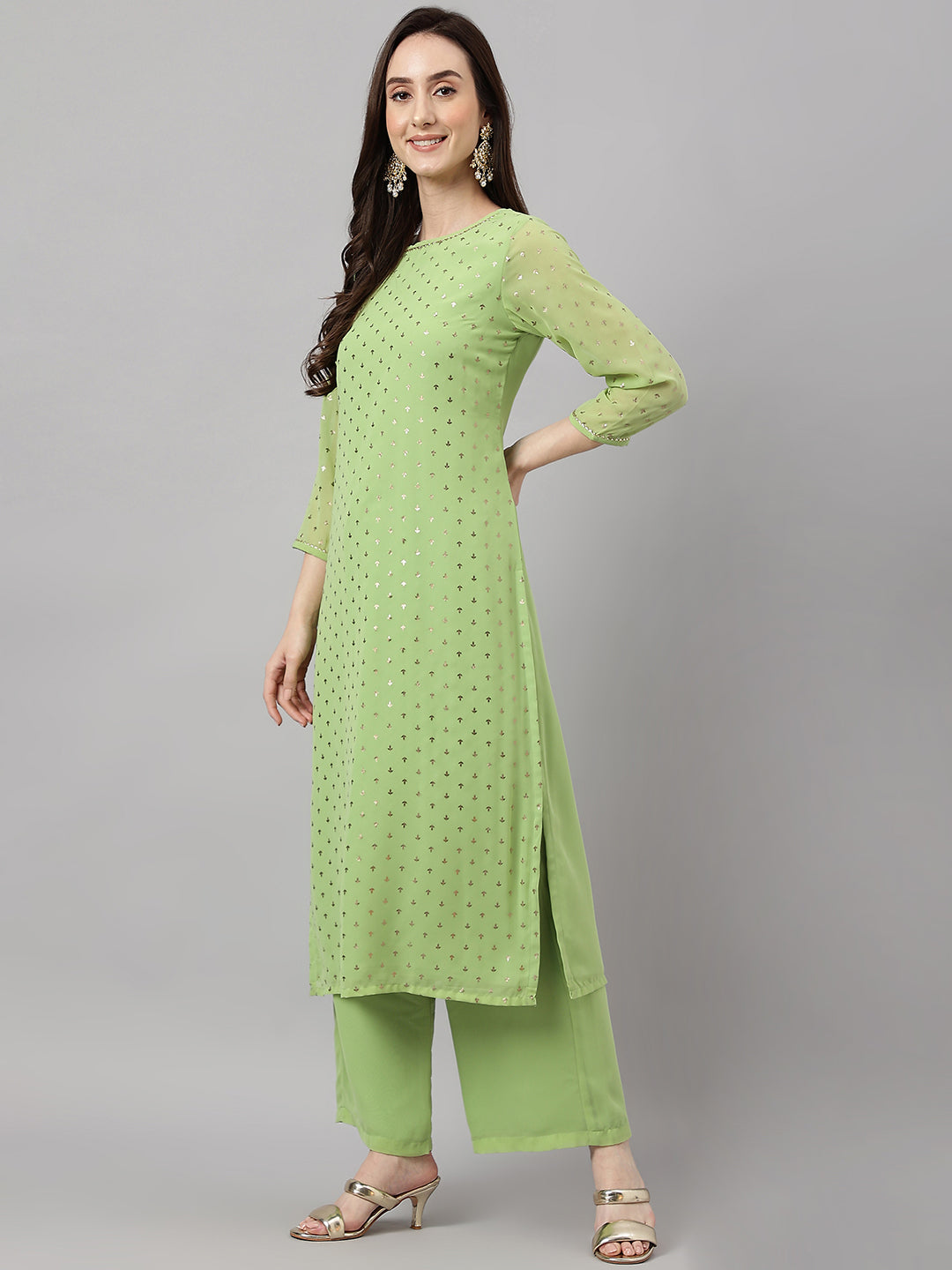Janasya Women's Green Georgette Foil Printed Straight Festive Kurta Set | Grocsy
