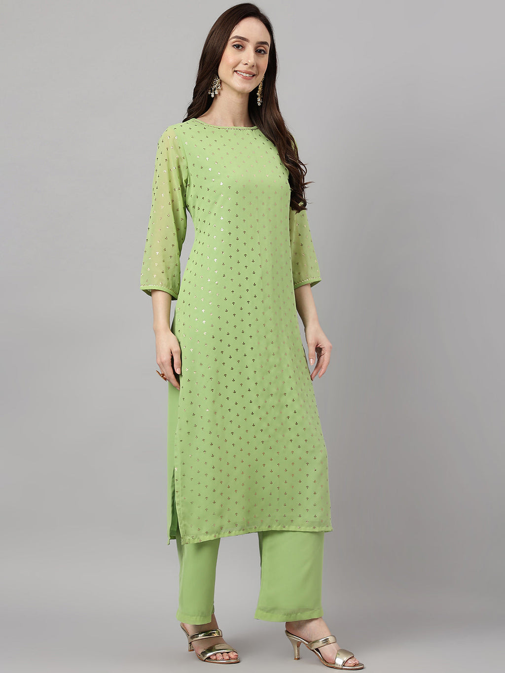 Janasya Women's Green Georgette Foil Printed Straight Festive Kurta Set | Grocsy