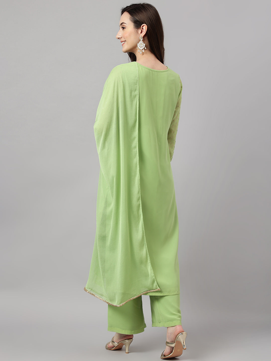Janasya Women's Green Georgette Foil Printed Straight Festive Kurta Set | Grocsy