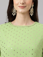 Janasya Women's Green Georgette Foil Printed Straight Festive Kurta Set | Grocsy