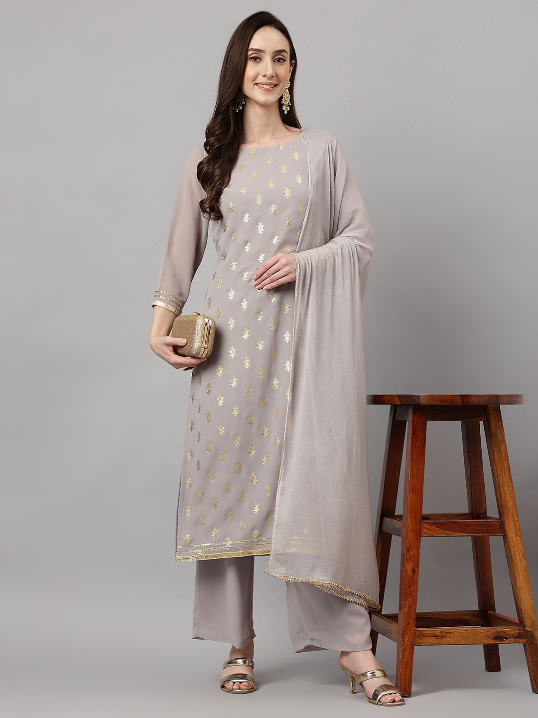Janasya Women's Grey Georgette Foil Printed Straight Festive Kurta Set | Grocsy